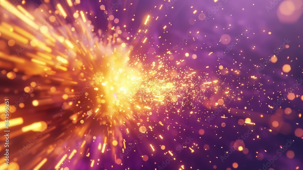 rendering of a gold explosion with glowing particles dispersing in all directions, creating a radiant burst of energy against a clean purple background rendering of a gold explosion with glowing particles dispersing in all directions, creating a radiant burst of energy against a clean purple background
