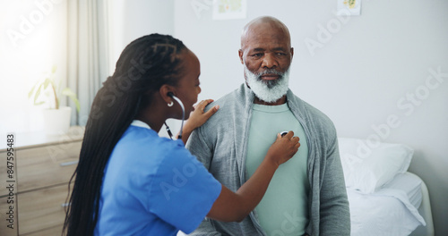 Senior, man and nurse with listening on stethoscope for heartbeat assessment or cardiovascular health on bed. Elderly patient, doctor and cardiology in hospital for lung disease or chest infection