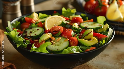fresh salad in black bowl. variety of greens, including lettuce and spinach, as well as colorful vegetables such as cherry tomatoes, cucumber slices, and what appears to be some yellow bell pepper pie