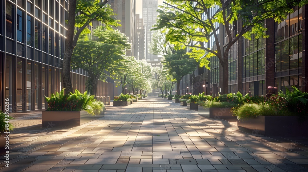 Fototapeta premium A wide street with trees and plants along the sides of buildings, in a commercial downtown office district, with modern urban architecture and daytime lighting.
