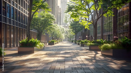 A wide street with trees and plants along the sides of buildings, in a commercial downtown office district, with modern urban architecture and daytime lighting. © horizon