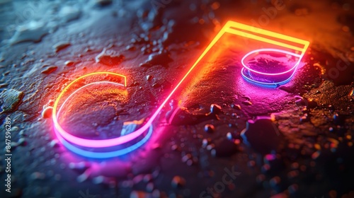 Neon G-clef sign on textured backdrop photo