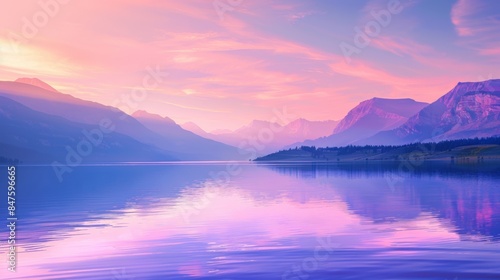 A stunning sunset over a tranquil lake, reflecting the hues of the sky, with a soft purple glow illuminating the surrounding mountains