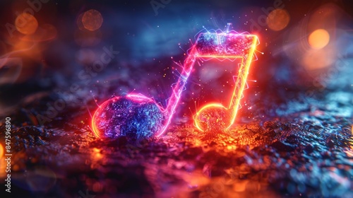 Neon musical note with electric spark effects
