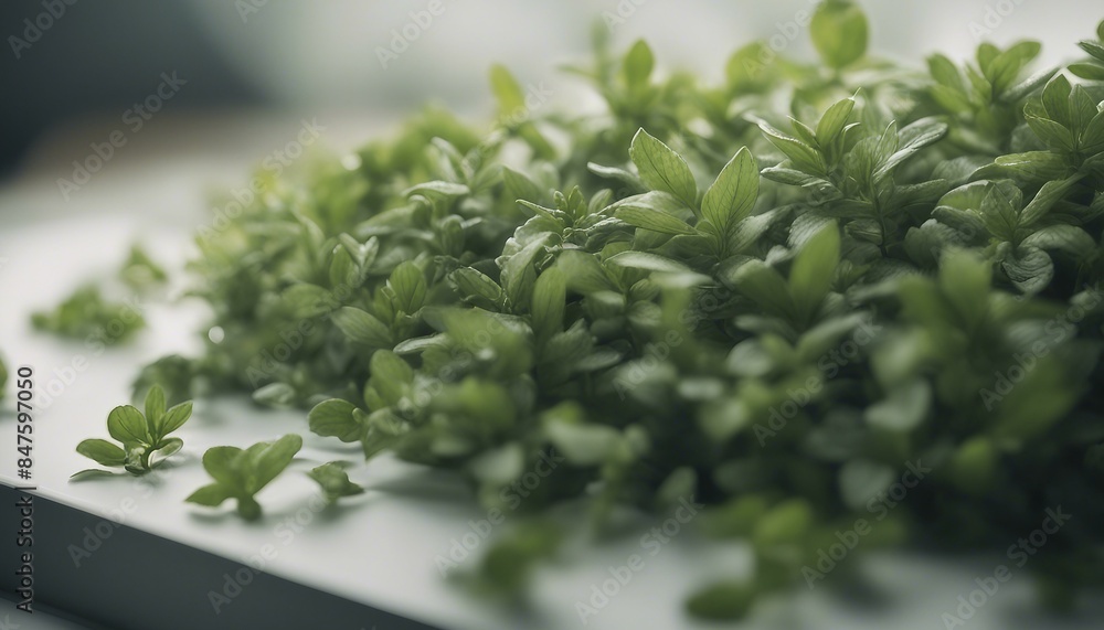 A closeup view of several tiny green plants in pots. The small plants have delicate leaves that are placed on a white surface. A closeup view of several tiny green plants in pots. The small plants have delicate leaves that are placed on a white surface.