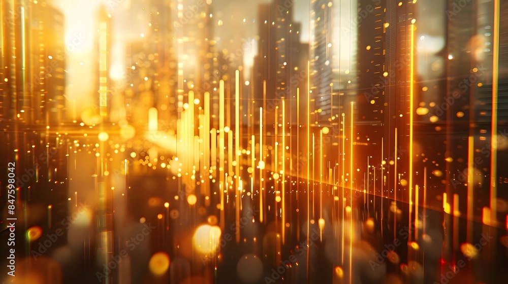 Digital background featuring a bar graph with golden bars, representing business growth and success in data science. The city skyline is visible through the glass window, innovation and progress. Digital background featuring a bar graph with golden bars, representing business growth and success in data science. The city skyline is visible through the glass window, innovation and progress.