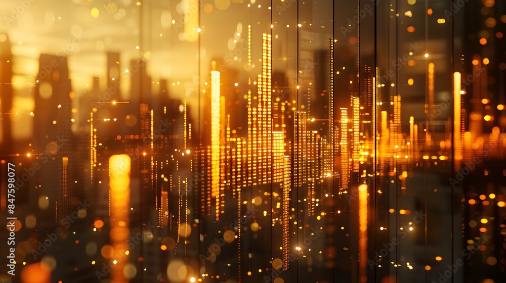 Fototapeta premium Digital background featuring a bar graph with golden bars, representing business growth and success in data science. The city skyline is visible through the glass window, innovation and progress.