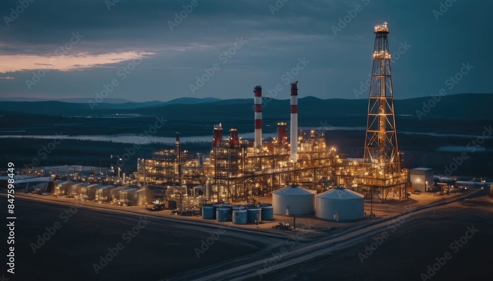 Fototapeta premium A sprawling industrial complex glowing with lights as night falls, set against a calm landscape, symbolizing the intersection of technology and the natural world