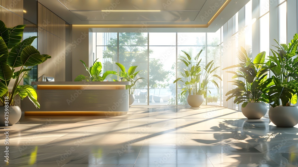 Modern office interior with large windows and sun rays, featuring plants in modern pots on the floor. creating a realistic and inviting scene for advertising or promotional materials. Modern office interior with large windows and sun rays, featuring plants in modern pots on the floor. creating a realistic and inviting scene for advertising or promotional materials.