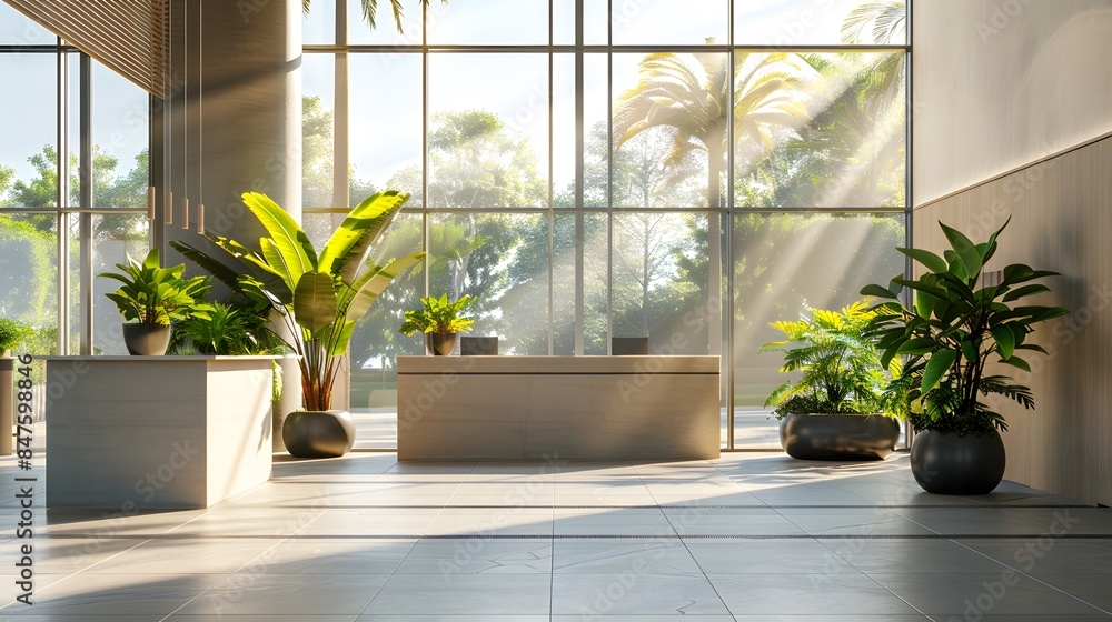 Modern office interior with large windows and sun rays, featuring plants in modern pots on the floor. creating a realistic and inviting scene for advertising or promotional materials. Modern office interior with large windows and sun rays, featuring plants in modern pots on the floor. creating a realistic and inviting scene for advertising or promotional materials.