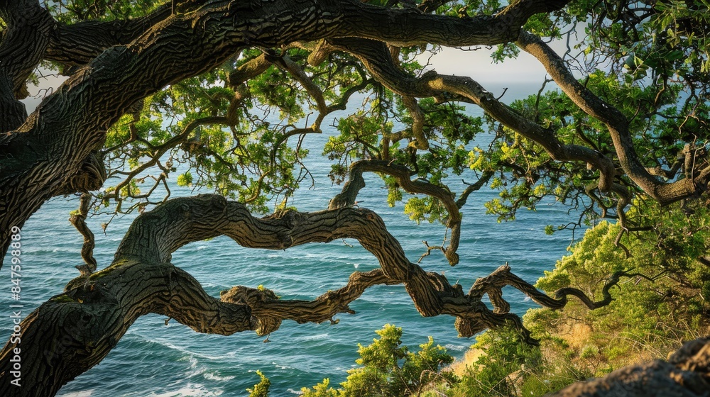 Oak foliage in green against Pacific Coast nature with water in the backdrop Oak foliage in green against Pacific Coast nature with water in the backdrop
