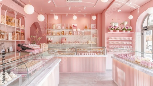 Modern bakery shop with a pastel pink interior, delicate confectionery displays, and a welcoming ambiance, perfect for Instagram-worthy photos