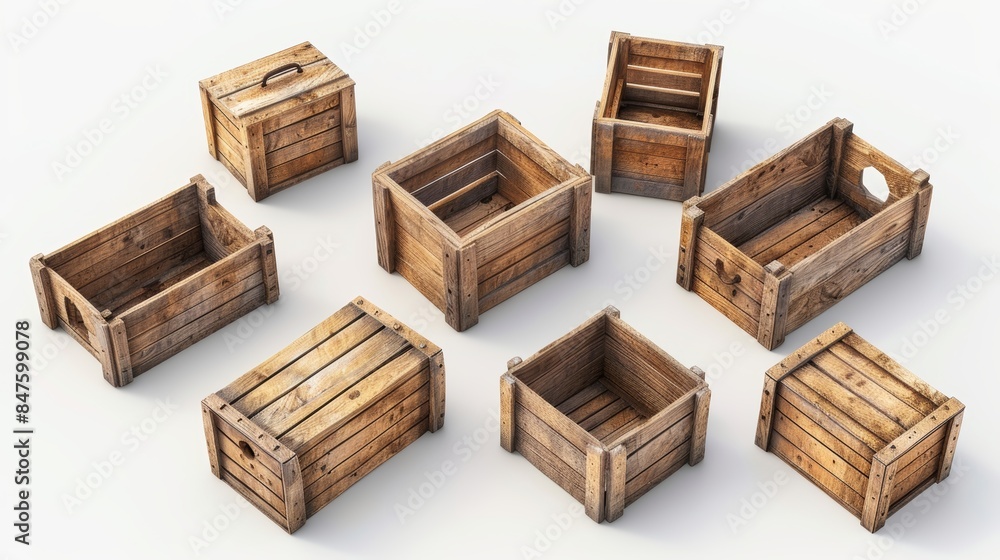Isometric 3D image of wooden crates used for shipping, scattered against a plain white background, highlighting realistic textures and details Isometric 3D image of wooden crates used for shipping, scattered against a plain white background, highlighting realistic textures and details