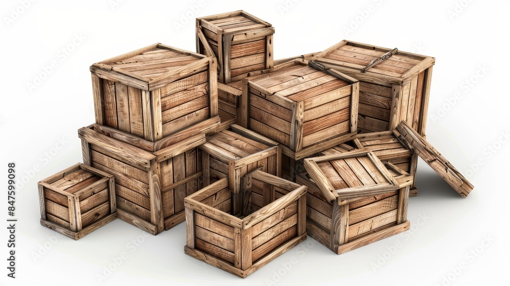 Isometric 3D image of wooden crates used for shipping, scattered against a plain white background, highlighting realistic textures and details