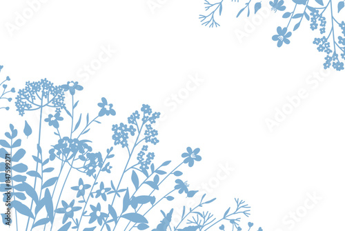 Botanical border with corner silhouettes meadow greenery and flowers. Floral frame with a pattern of wildflowers and herbs. Vector illustration for card, banner, invitation, social media post, poster