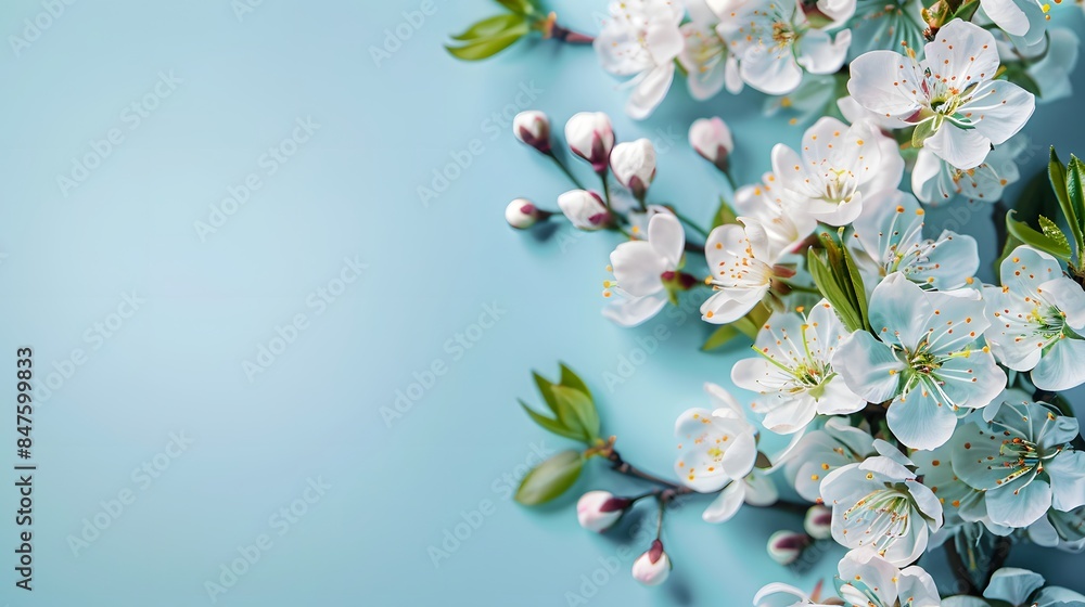 Obraz premium A cherry blossom branch on the left side against pastel blue background, with white flowers and green leaves on it. Web banner with copyspace on the right.