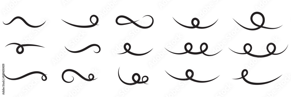 Set of Swoosh and swoop underline typography tails shape in flat styles. Swoosh line vector, underline swish, stroke swash swirl, Brush drawn curved smear. Hand drawn curly swishes, swash, twiddle. Set of Swoosh and swoop underline typography tails shape in flat styles. Swoosh line vector, underline swish, stroke swash swirl, Brush drawn curved smear. Hand drawn curly swishes, swash, twiddle.