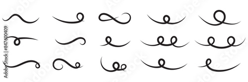 Set of Swoosh and swoop underline typography tails shape in flat styles. Swoosh line vector, underline swish, stroke swash swirl, Brush drawn curved smear. Hand drawn curly swishes, swash, twiddle.