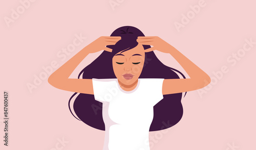 Woman Massaging Her Scalp Vector Cartoon Illustration. Beauty ritual for hair growth preventing alopecia 
