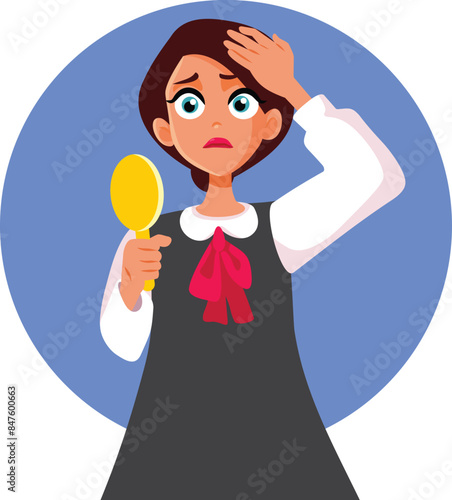 Sad Woman with Low Self Esteem Vector Illustration. Unhappy girl feeling insecure checking her hair out 
