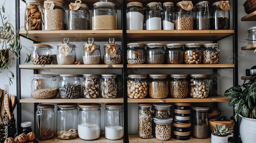 Organized home pantry food containers and glass jars on shelves in racked cabinets