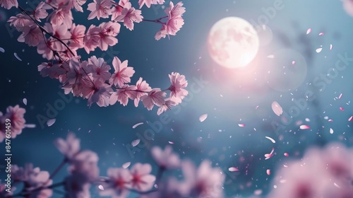 Bright moonlight shining down on cherry blossoms falling in the wind