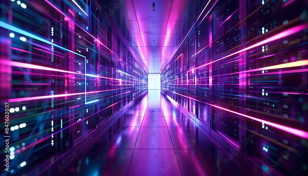 Fototapeta premium Abstract neon lights into digital technology tunnel