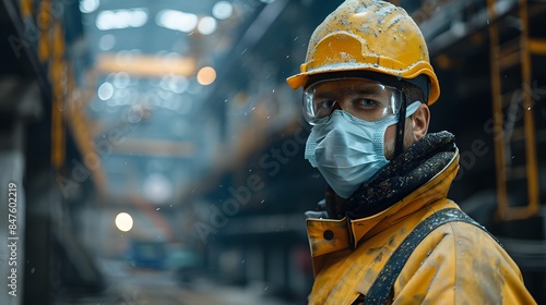Construction worker wearing protective gear, face mask and hard hat in an industrial setting with dust flying around