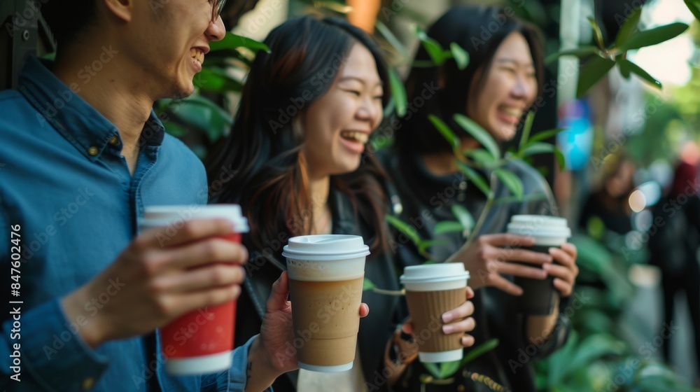 Obraz premium Friends laughing while holding coffee cups