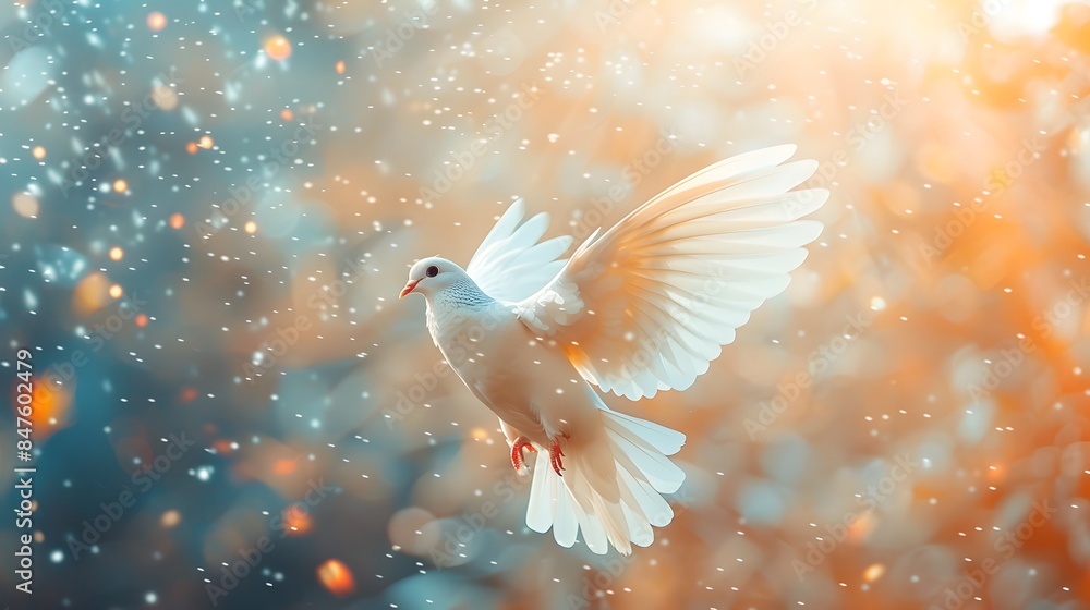 Fototapeta premium white dove, white wings spread out in the air with blue and orange background, light rays shining down from behind.