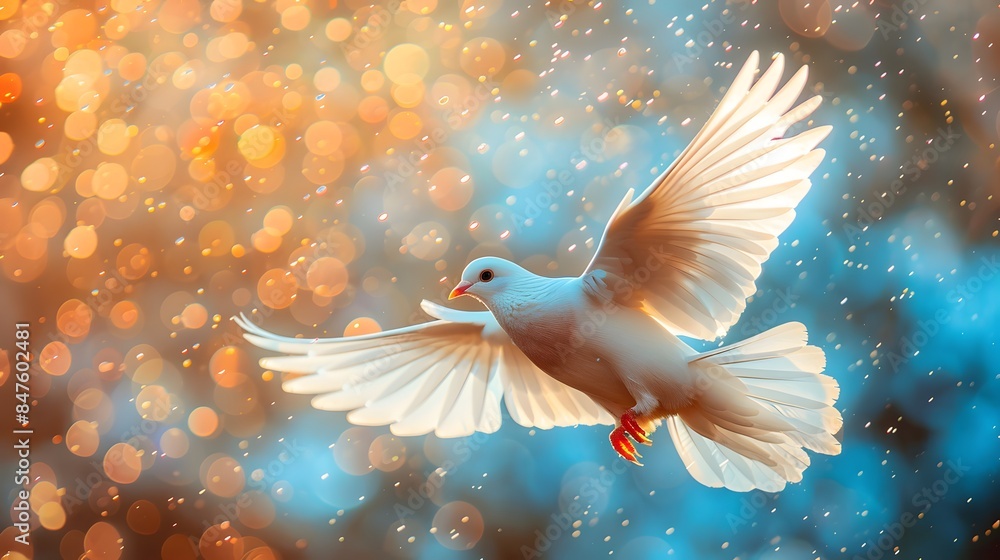 white dove, white wings spread out in the air with blue and orange background, light rays shining down from behind. white dove, white wings spread out in the air with blue and orange background, light rays shining down from behind.