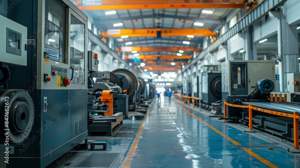 Hi-tech factory with belt crawler casting pulley parts, cutting-edge machinery, clean and precise industrial setup Hi-tech factory with belt crawler casting pulley parts, cutting-edge machinery, clean and precise industrial setup