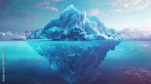 Iceberg partially submerged, mirrored view, symbolizing hidden layers of data and technology beneath the surface, vibrant and detailed photo