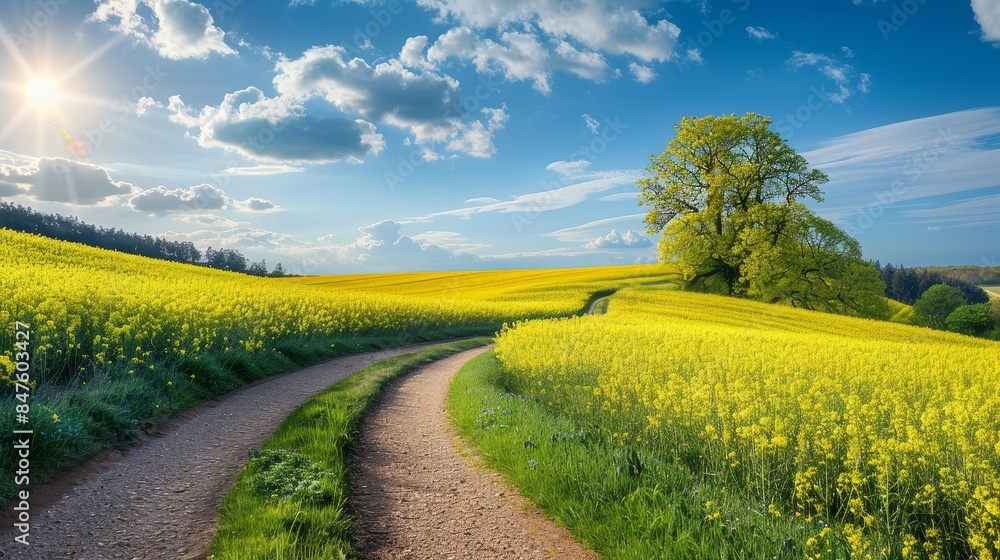 Obraz premium Expansive rapeseed field with a winding rural path, tranquil and scenic, sunlit landscape, vivid yellow blossoms