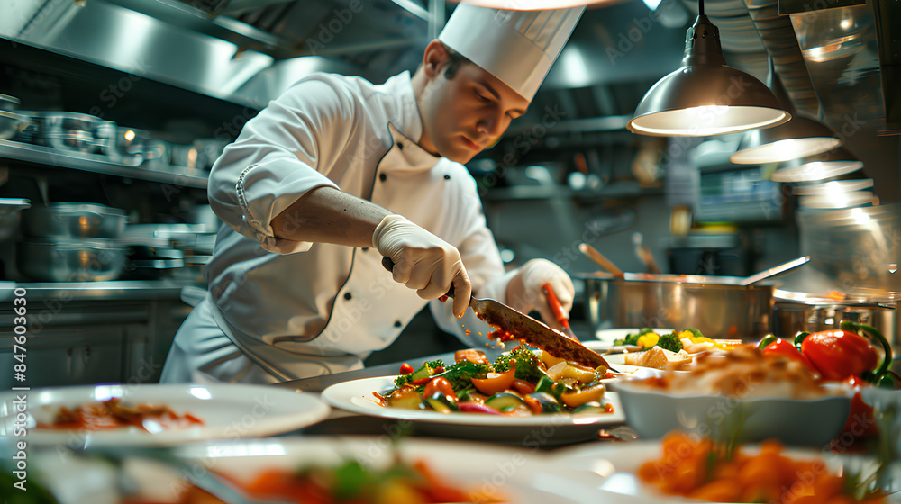 Close-up of a chef preparing gourmet food in a professional kitchen Close-up of a chef preparing gourmet food in a professional kitchen