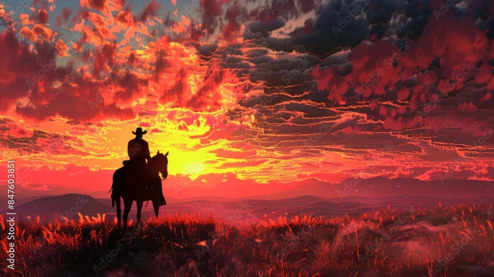 Fototapeta premium silhouette of a cowboy riding into the sunset