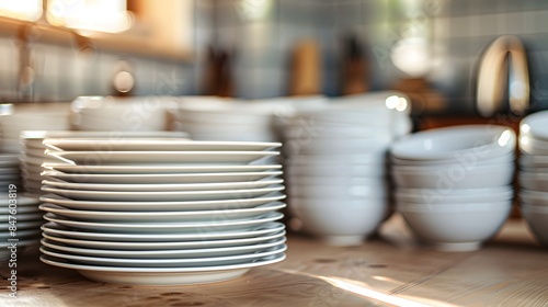 White plates and bowls stacked on top of each other, creating an aesthetically pleasing arrangement. The background is blurred to focus attention on the stack of dishes. photo