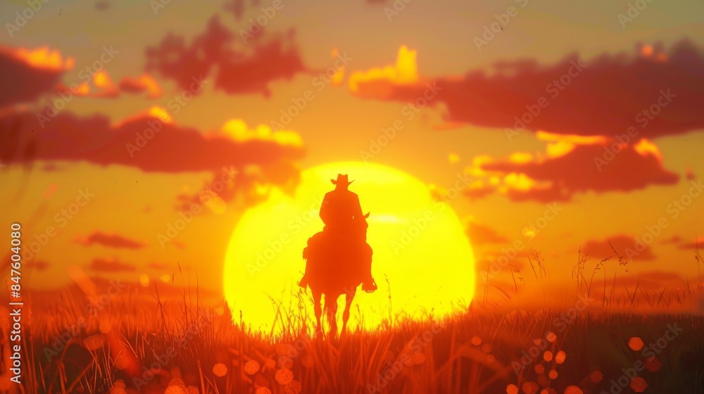 Fototapeta premium silhouette of a cowboy riding into the sunset