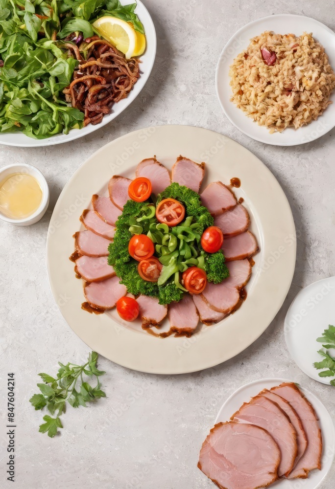 A white marble table with plates of food. The plates include a salad, a rice dish, and a plate with sliced ham, tomatoes, and broccoli. There are also small bowls with sauces. A white marble table with plates of food. The plates include a salad, a rice dish, and a plate with sliced ham, tomatoes, and broccoli. There are also small bowls with sauces.