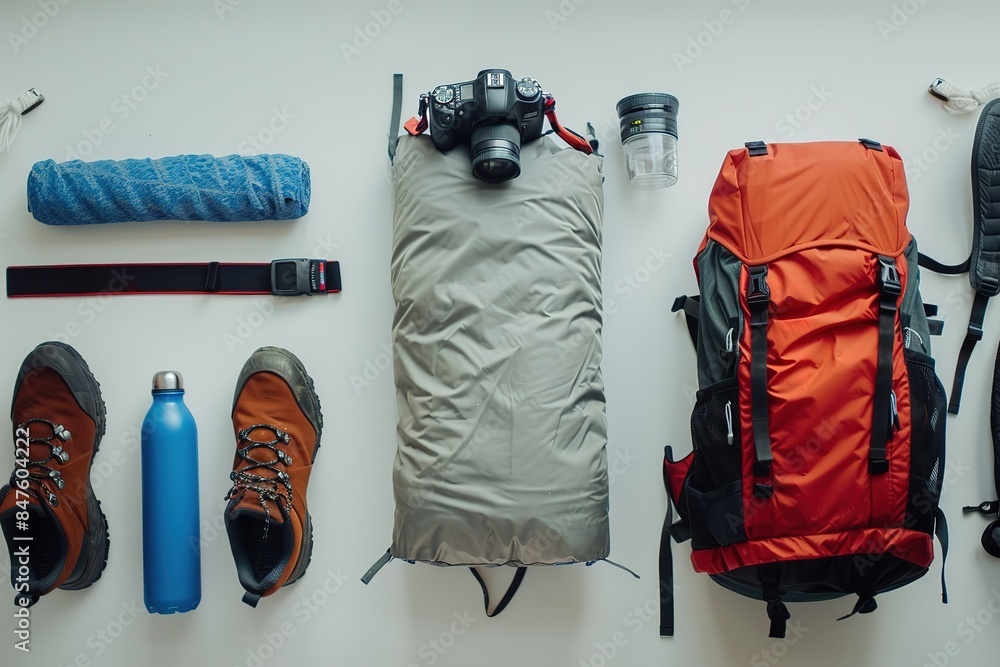 Fototapeta premium Hiking icons set. Camping equipment raster collection.