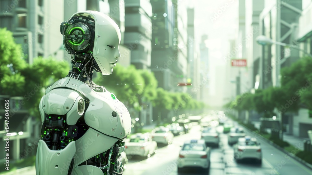 Android gazes at future city with green highlights Android gazes at future city with green highlights