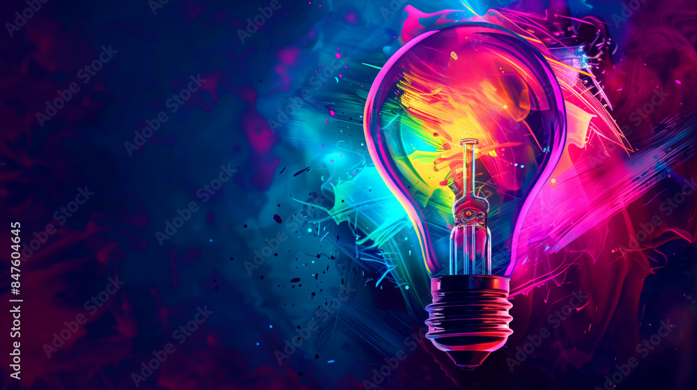 A light bulb is lit up in a colorful background with a lot of smoke. The light bulb is surrounded by a lot of sparks. a colorful glowing idea bulb lamp, visualisation of brainstorming A light bulb is lit up in a colorful background with a lot of smoke. The light bulb is surrounded by a lot of sparks. a colorful glowing idea bulb lamp, visualisation of brainstorming