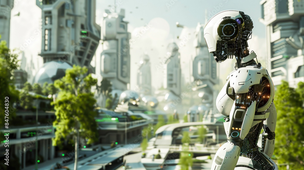 Robot facing a futuristic city's hustle Robot facing a futuristic city's hustle