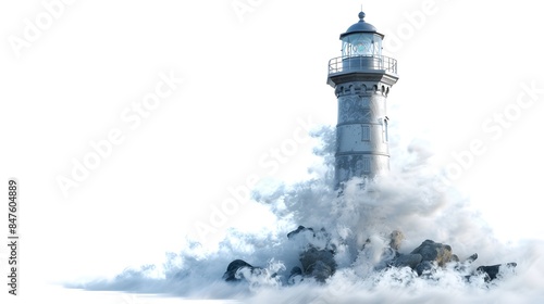 Majestic Lighthouse Surrounded by Swirling Foam Against Cloudy Sky