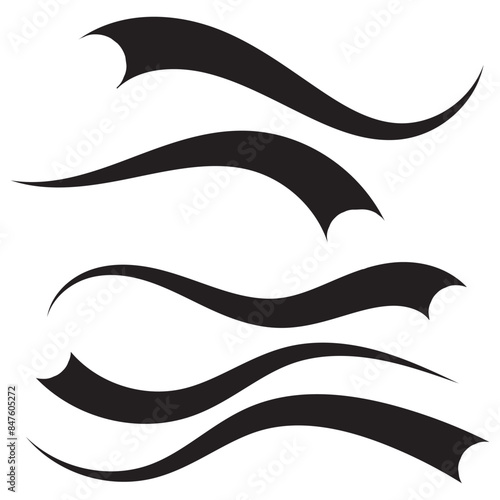 Set of Swoosh and swoop underline typography tails shape in flat styles. Swoosh line vector, underline swish, stroke swash swirl, Brush drawn curved smear. Hand drawn curly swishes, swash, twiddle.