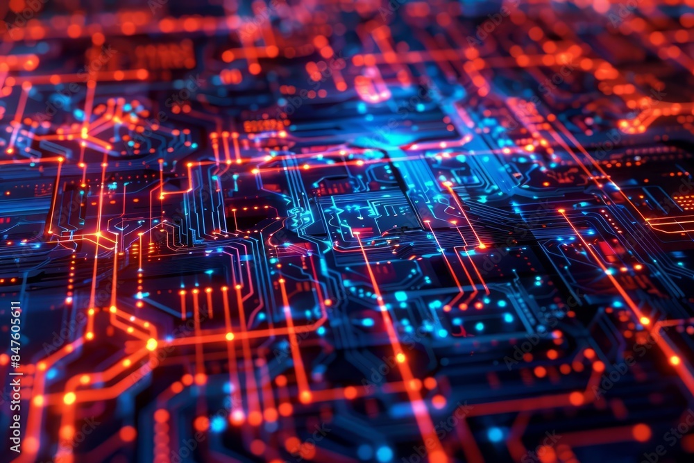 A conceptual hightech background featuring an intricate web of glowing circuitry and data streams A conceptual hightech background featuring an intricate web of glowing circuitry and data streams