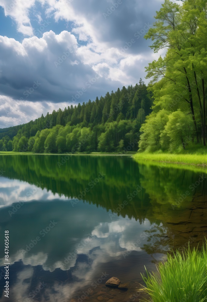 Fototapeta premium A serene lake with a reflection of the trees and sky.
