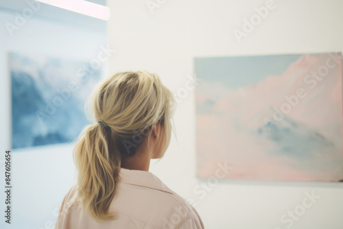 女, 女性, 女性の後ろ姿, 美術, 美術館, 美術鑑賞, デザイン, 絵画, アートを見る女性, Woman, female, female back view, art, art museum, art appreciation, design, painting, woman looking at art