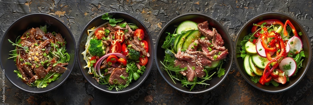 Spicy Salads Set, Salat Collection with Beef Meat and Vegetables Salats Top View, Restaurant Buffet Menu Spicy Salads Set, Salat Collection with Beef Meat and Vegetables Salats Top View, Restaurant Buffet Menu