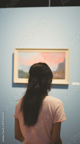 女, 女性, 女性の後ろ姿, 美術, 美術館, 美術鑑賞, デザイン, 絵画, アートを見る女性, Woman, female, female back view, art, art museum, art appreciation, design, painting, woman looking at art